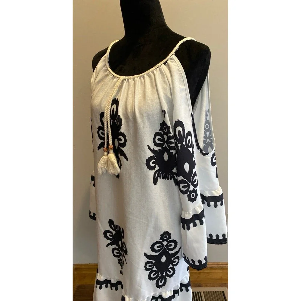 Swimsuit Coverup‎ Dress Off Shoulder Black & White Plus Size XL Ethnic Boho Sexy